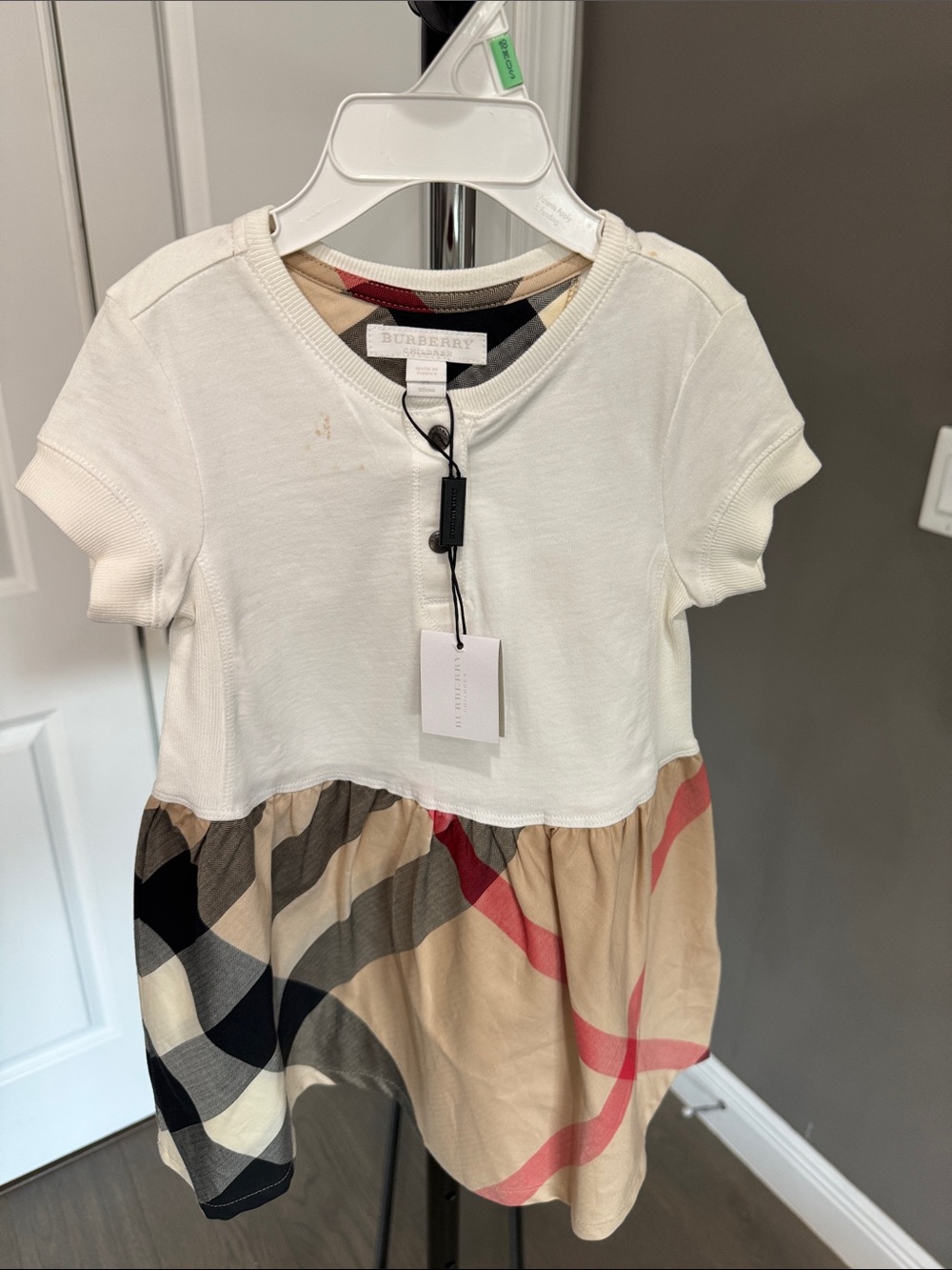 Burberry White Top with Beige Classic Check Skirt Girls' Short Sleeve Dress